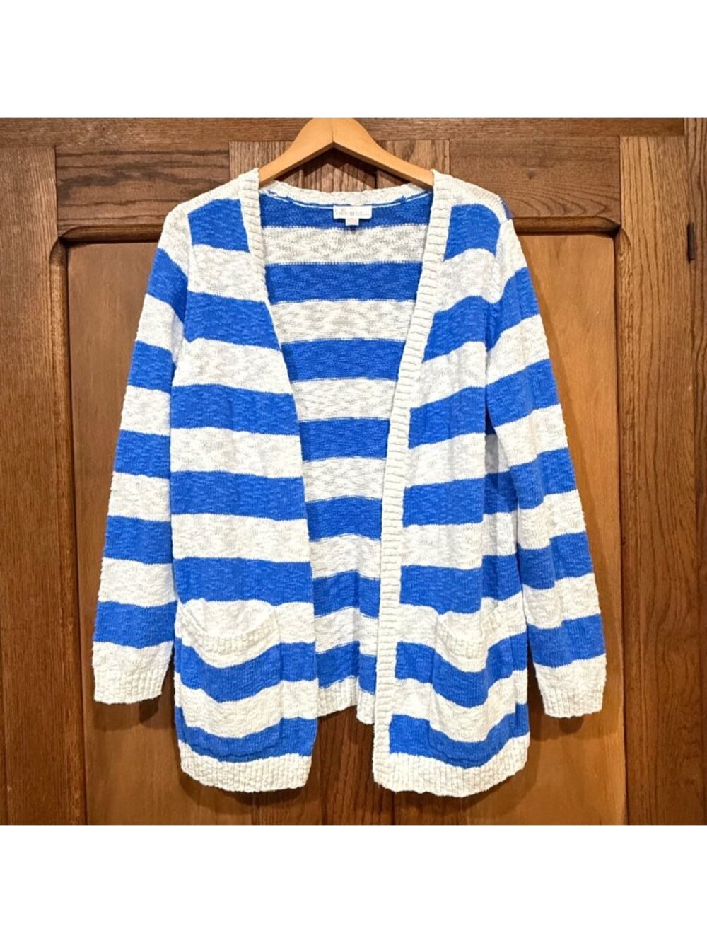 size M blue striped white Belle Kim Gravel Cape Cod slub cardigan sweater nautic